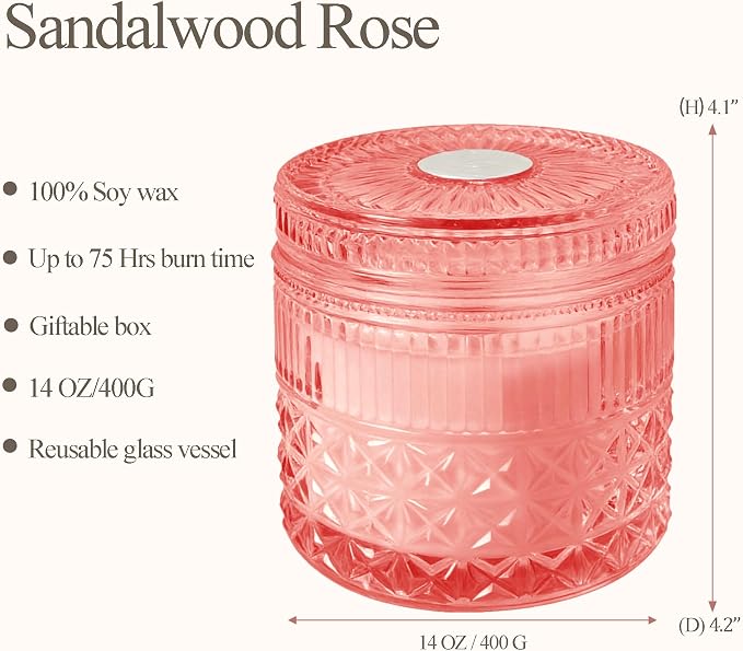 Chloefu Lan Rose Sandalwood Candle, Rose Quartz Crystals Pink Candles Gifts | 2 wick Handmade Giant Candle for Home, Romantic Elegant Candles Infused Healing Stones, Luxury Gifts for Women, 14 Oz