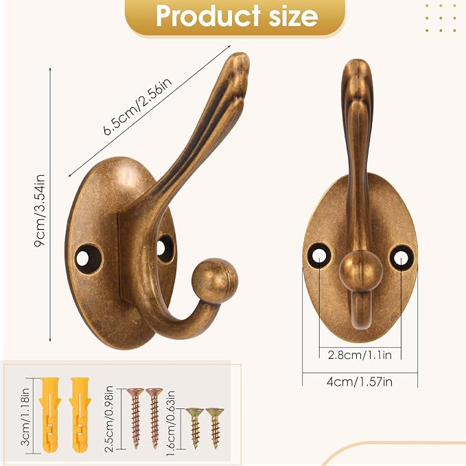 Antique Brass Heavy Duty Wall Hooks – 6 Pack Rustic Coat Hooks for Hanging Coats,Robes,Bags,Hats,Wall Mounted with Includes Two Types of Installation Screws TYDGT