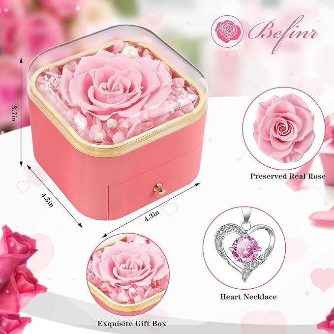 Beferr Gifts for Mom Preserved Real Rose with Necklace Eternal Roses Forever Flowers for Delivery Christmas Anniversary Birthday Mothers Day Flower Gifts for Women Her Grandma Wife Daughter Girlfriend