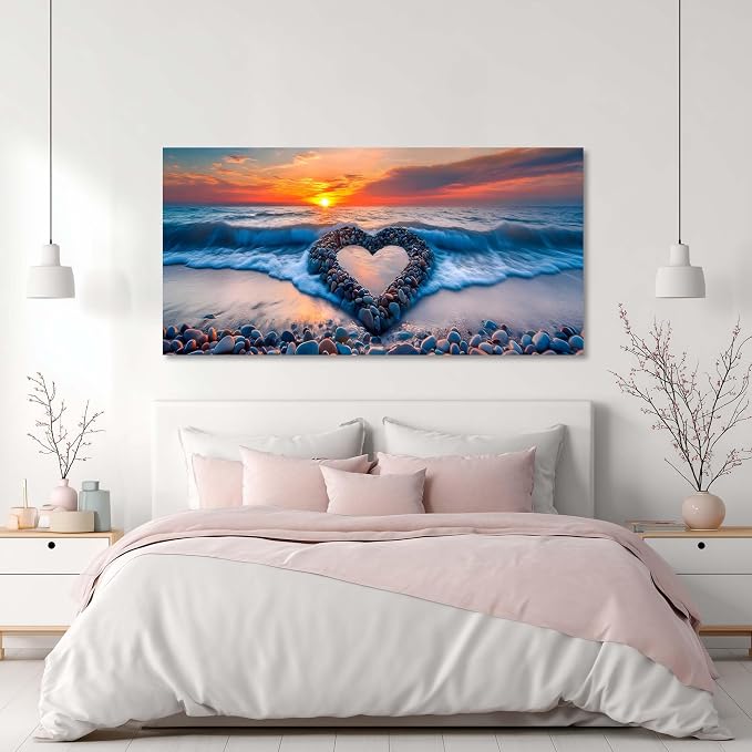 Ggaafet Romantic Love Beach Wall Art for Bedroom Canvas Painting Prints Romance Sunset Blue Sandbeach Art Deco Modern Artwork Office Family Room Decor