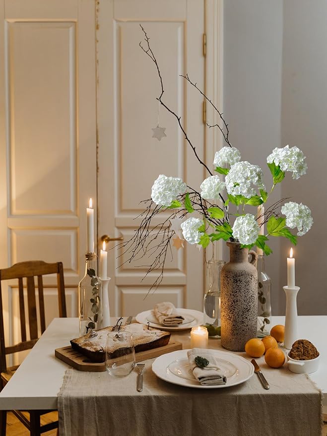 YalzoneMet 4 Pcs 26.8'' Viburnum Artificial Flower Snowball Lifelike Long Stem Real Touch White Small Hydrangea Latex Flower for Home Christmas Decoration Table Centerpieces Floral Arrangements