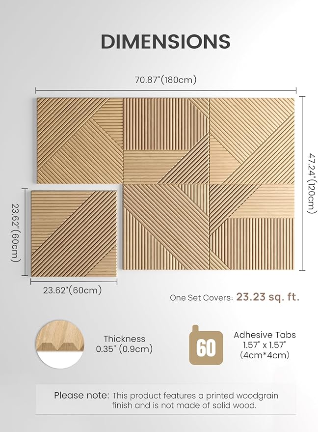 Fluxynara Large Felt Bulletin Board,Cork Board Alternative 70.87'' x 47.24'' Art Acoustical Wall Panels-6 Pack with 60 Adhesive Tabs,for Recording Studio/Home Offices-Natural Oak/Crossing Lines