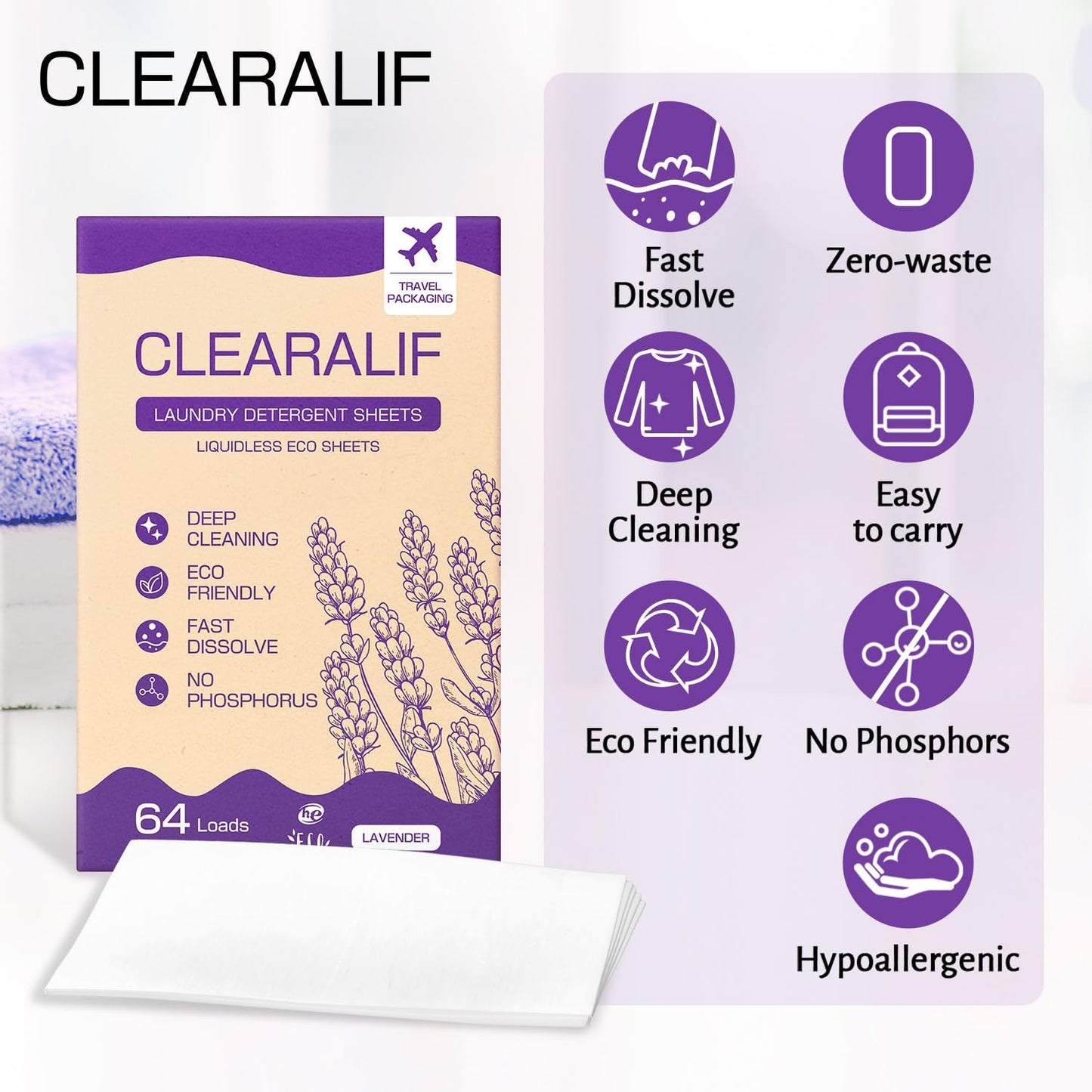 CLEARALIF Laundry Detergent Sheets, Lavender, 64 Load, CLEARALIF Laundry Detergent Strips Eco Friendly & Hypoallergenic