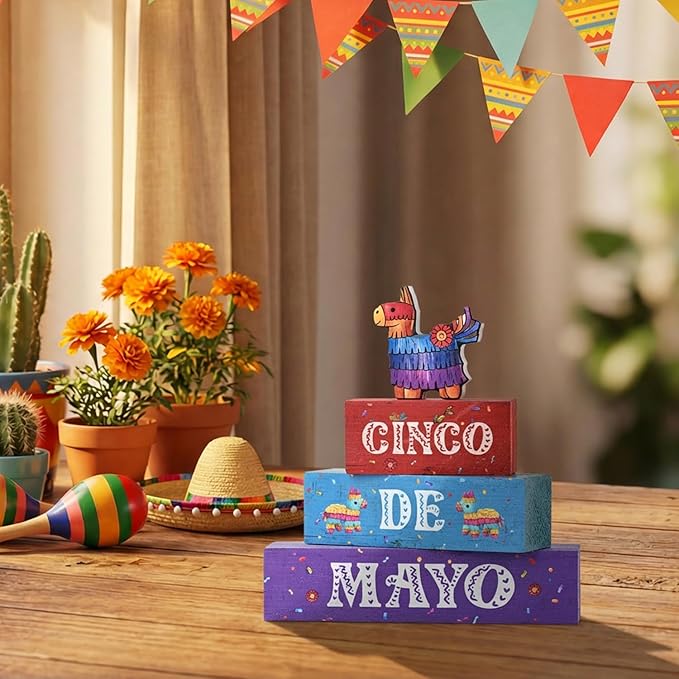 Smile Cinco De Mayo Wooden Block Stack with Piñata Llama Decor, Mexican Fiesta Tiered Tray Tabletop Sign for Cinco De Mayo Party Decorations