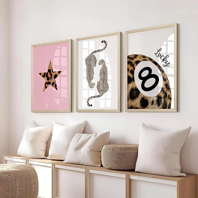 Leopard Wall Art Cheetah Canvas Prints Lucky 8 Ball Wall Decor Fashion Leopard Poster Aesthetic Pictures Trendy Cheetah Painting Preppy Pink Artwork for Living Room Bedroom 16x24x3 Inch Wood Framed
