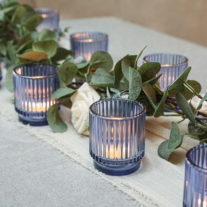 Vintage Ribbed Blue Glass Tealight & Votive Candle Holders (Set of 12), Wedding Bridal Shower Party Table Decor, Fall Decor, Boho Decor, Shelf Decoration