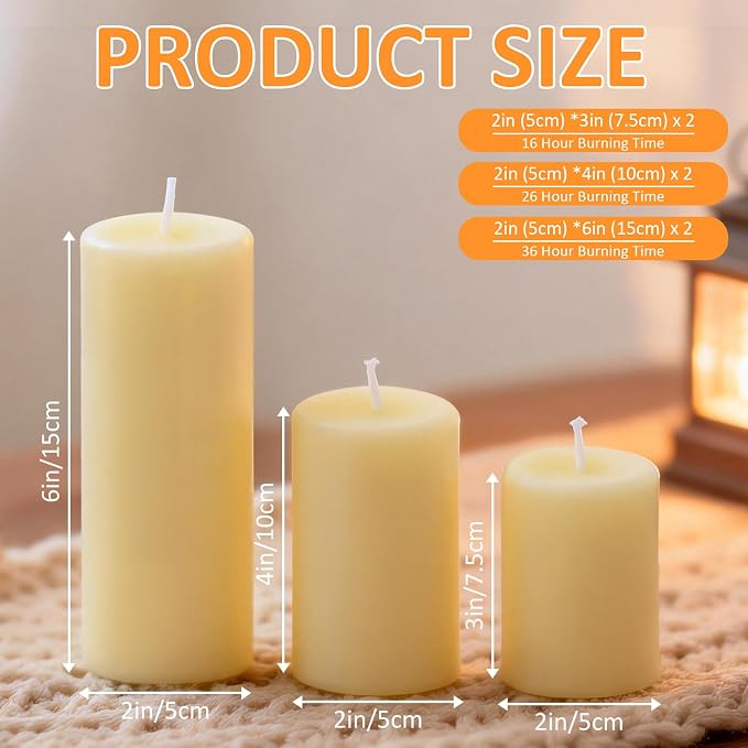 6-Pack Ivory Pillar Candles Bulk Set - Assorted 3 Sizes (3, 4, 6 Inch, 2 Each), Long-Lasting Dripless, Unscented & Smokeless Hurricane Candles for Wedding, Dinner Party & Romantic Atmosphere.