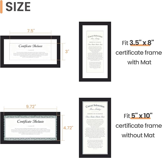 upsimples 5x10 Business License Frame, Display Document 3.5x8 with Mat or 5x10 without, Wall Hanging cosmetology license frame, Black, 1 Pack