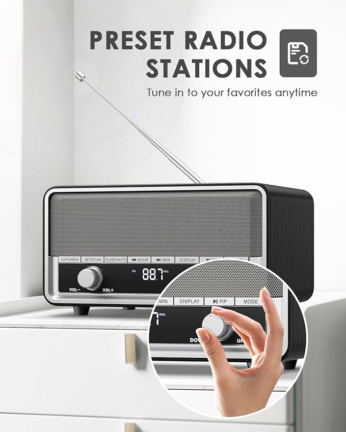 Vintage Wood AM FM Clock Radio with Bluetooth, Digital Clock Radio for Bedroom with LCD Display | 40 Presets | Sleep Timer | No Alarm, Retro Bluetooth Speaker for Office,Home, Kitchen (Space Black)
