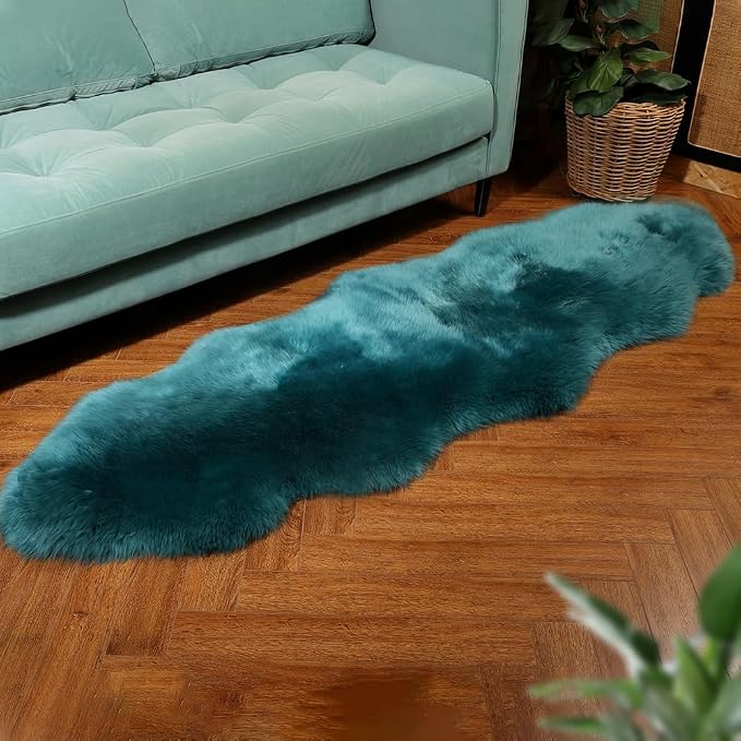 IRIWOOL Premium Genuine Fur Sheepskin Rug Real Australia Sheepskin Natural Luxury Fluffy Lambskin Fur Area Rug Seat Covers for Kids Bedroom Sofa Chair Cover (Dark Aquamarine, Double Pelt/2ft x 6ft)