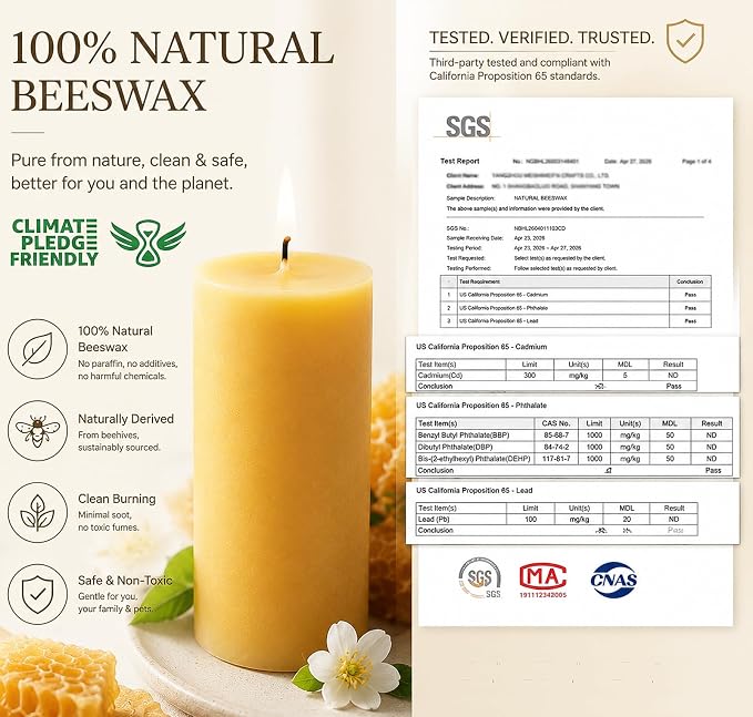 Beeswax Candles Pillar 10 Pack, 2x4 Inch Non Toxic Bees Wax Candle for Home, Long-Lasting Burn Natural Honey Scented Pillar Candle for Air Purification, Emergency, Meditation