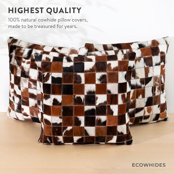 ecowhides 100% Genuine Brazilian Cowhide Patchwork Pillow – Tricolor Handcrafted Design – Single-Sided – Luxury Leather Decorative Cushion for Rustic & Western Home Décor – 20” x 20”