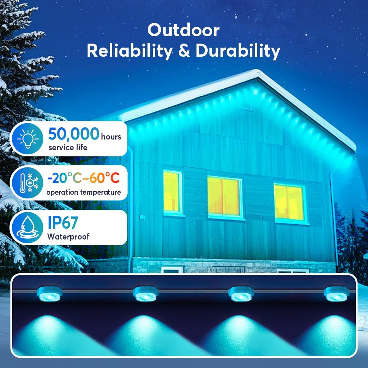 Permanent LED Strip Lights 200ft(1 String), RGB App Control Outdoor Lights with 100 LEDs, LED Eaves Lights IP67 Waterproof, House Roof Outdoor Lighting for Party, Daily, Halloween,Christmas,Garden