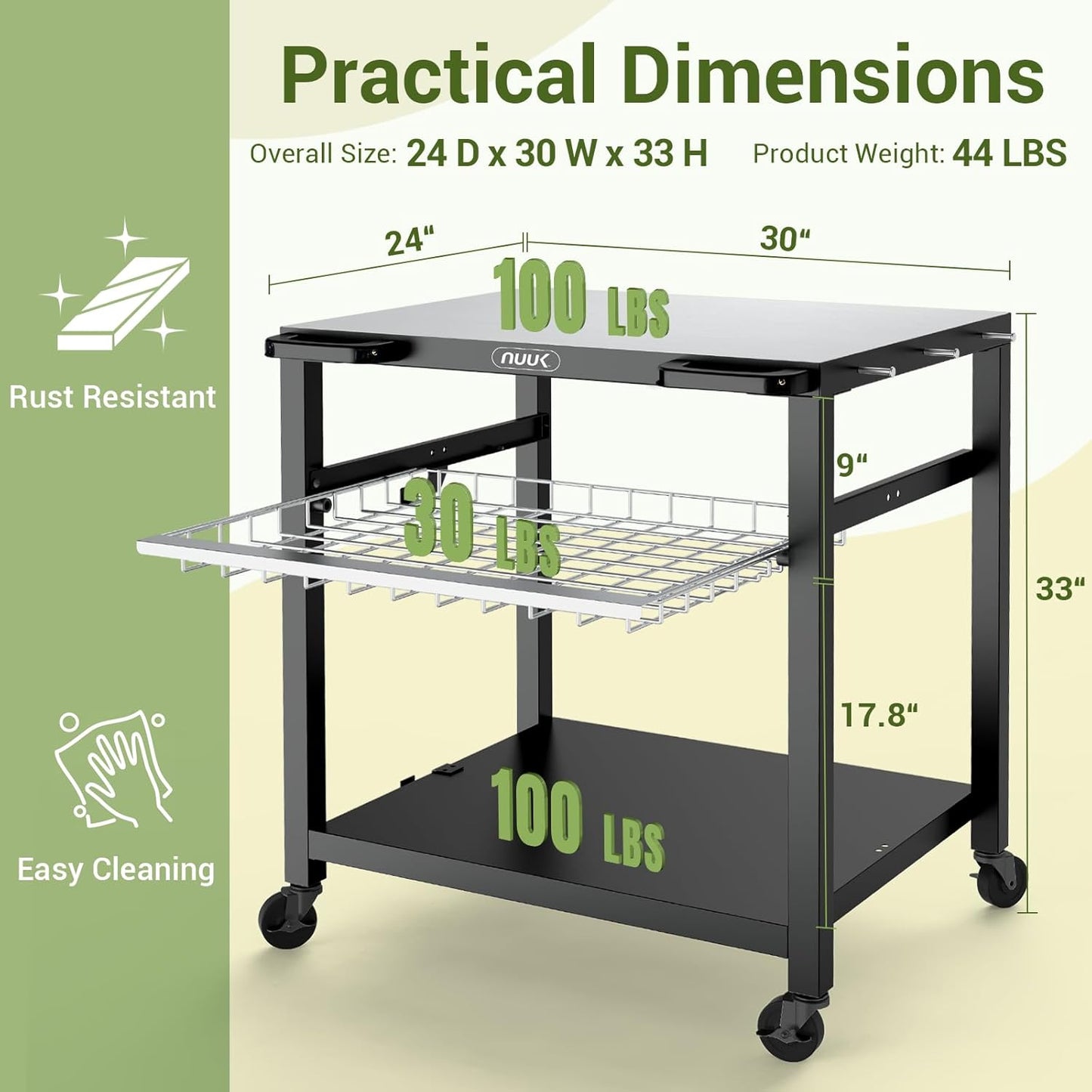 NUUK Outdoor Grill Cart 30"x 24" Pizza Oven Table 3-Shelf with Drawer BBQ Grilling Carts Outside Serving Prep Tables Stand