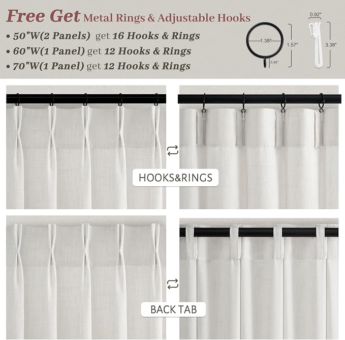 Unique Extra Long Pinch Pleat 105 Inch Office Curtains Panels 2 Set, Beige White Memory Shape Semi Sheer Flax Linen Floor to Ceiling Curtain Privacy Light Filtering Elegant Window Drapes for Classroom