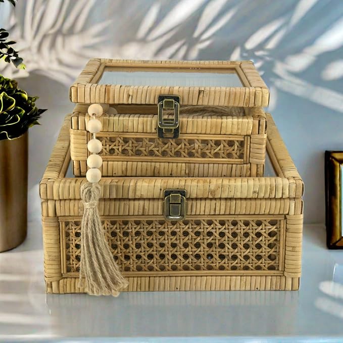 HUAXIN CRAFT H Rattan Square Box with Lid - Set of 2 Wicker Decorative Storage with Glass Cover for Display