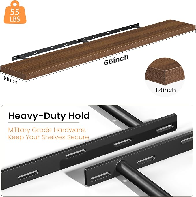 Fun Memories Floating Shelves for Wall, 66 Inch Long Set of 2 Rustic Wood Wall Shelves with Invisible Brackets, Heavy Duty Storage Display for Living Room Bedroom Kitchen, Walnut