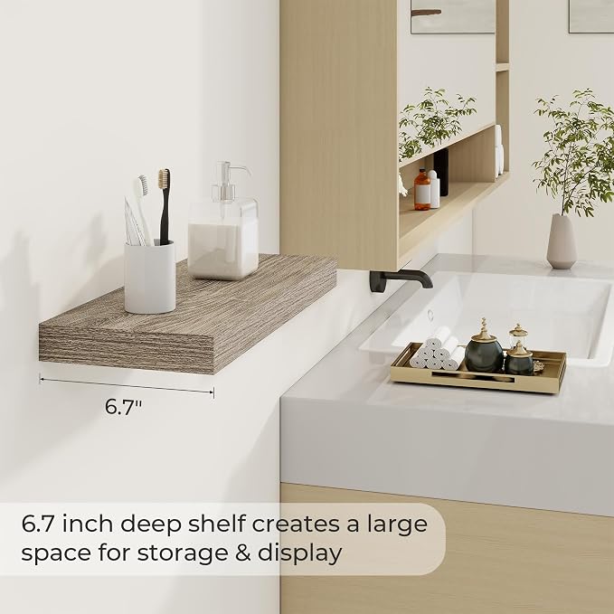 Dreamland 20Inch Floating Shelves for Wall 6.7" Deep Grey Set of 2 | Wall shelves for bathroom, bedroom, Living Room, kitchen, deep wall mount wood storage display for home decor 20" x 6.7"