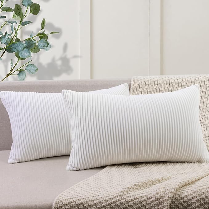 YCOLL White 12x20 Pillow Cover Set of 2 Velvet Striped Pattern - Soft Throw Pillows for Home Decor, Luxury Decorative Pillow Covers for Couch, Bed,Living Room