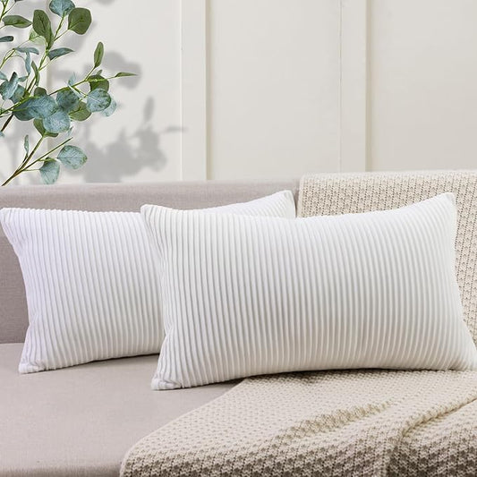 YCOLL White 12x20 Pillow Cover Set of 2 Velvet Striped Pattern - Soft Throw Pillows for Home Decor, Luxury Decorative Pillow Covers for Couch, Bed,Living Room