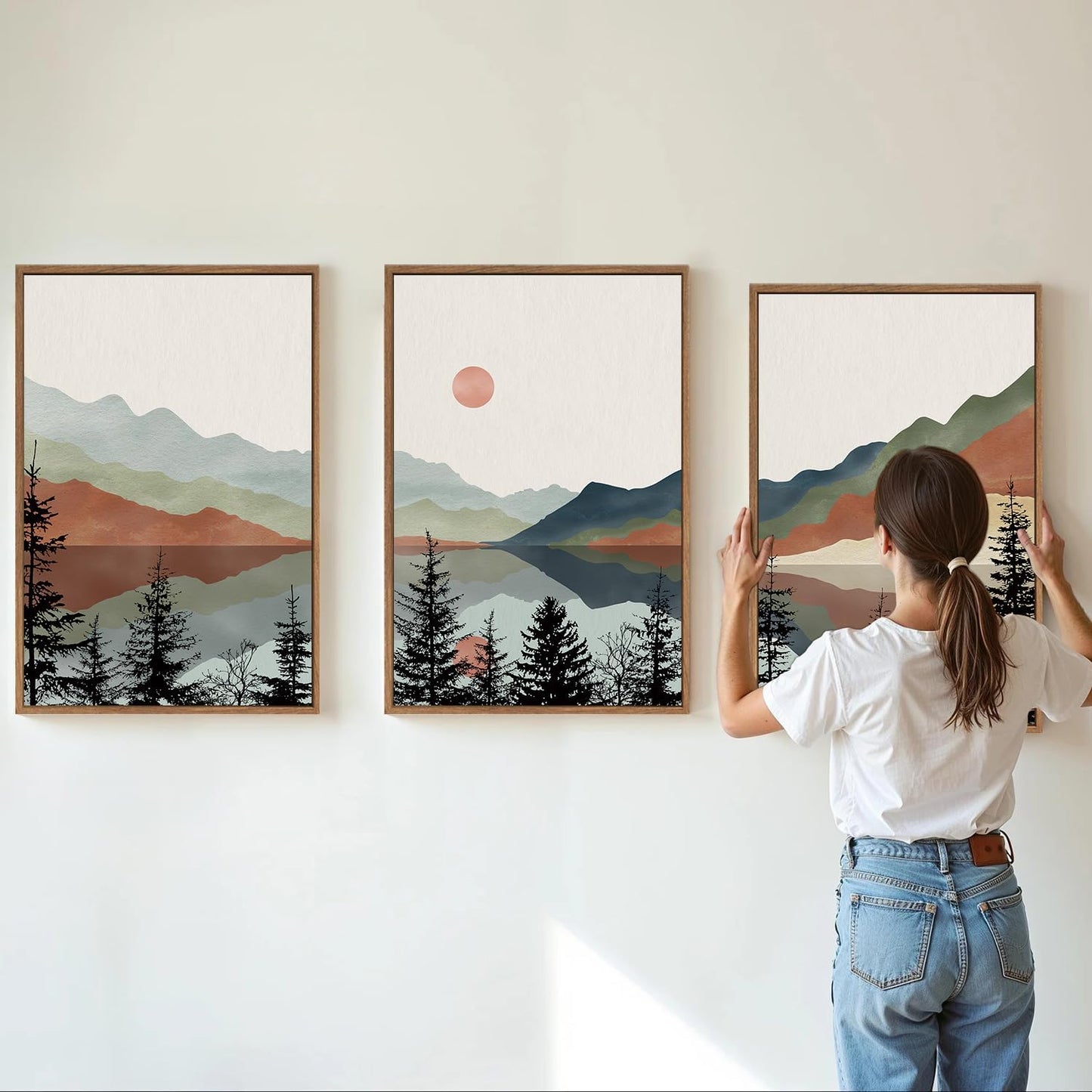 Tinonedraw Boho Mountain Framed Canvas Wall Art Set, Watercolor Nature Landscape Wall Decor, Black Pine Forest Artwork, Modern Sunrise Art Prints for Living Room, Bedroom, Office 16"x24"x3