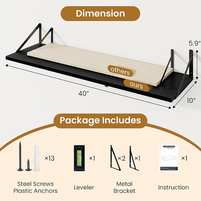 Acovy Floating Shelves for Wall,40" Wall Mounted Shelves Set of 2,Long Wood Floating Shelves,Hanging Wide Display & Storage Shelf with Metal Brackets for Bathroom,Bedroom,Kitchen,Living Room,Black
