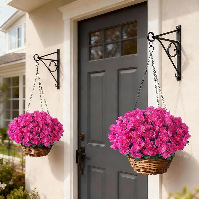 8 Bundles Artificial Flowers for Front Door, Fake Silk Azalea Bouquet Silk Flowers for Outside UV Resistant Realistic Faux Plants for Planter Farmhouse Patio Garden Walkways Home Decor (Rose Red)