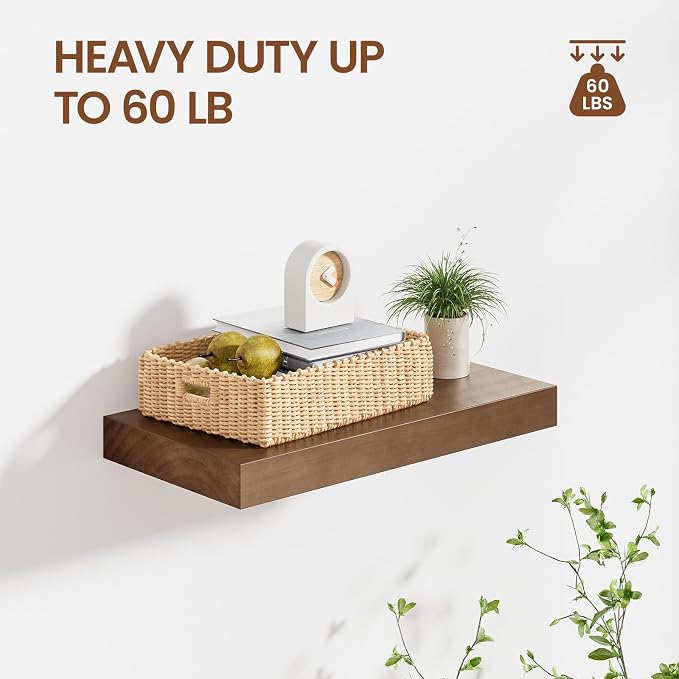 Heimlove Solid Wood Floating Shelves 16 inch, 8 Inch Deep Display Shelves Set of 2, Wall Mounted Floating Shelf with Invisible Brackets for Bathroom Bedroom Kitchen Living Room - American Walnut