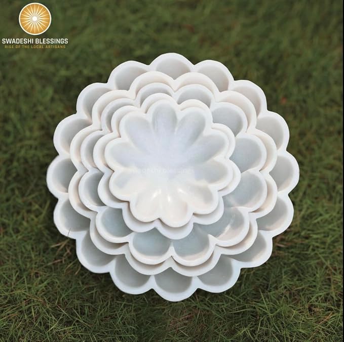 SWADESHI BLESSINGS HandCrafted Marble Decorative Bowl | White Ruffle Scalloped Fluted Key/Fruit Ring Dish | Organic Modern Home Decor (6 Inches)