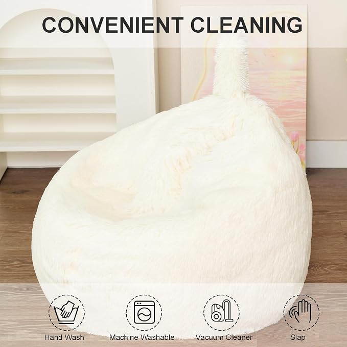 BCU Bean Bag Chair Cover Ultra Soft Fluffy Faux Fur Beanbag Cover Plush Living Room Chairs Cover for Adults and Kids, White