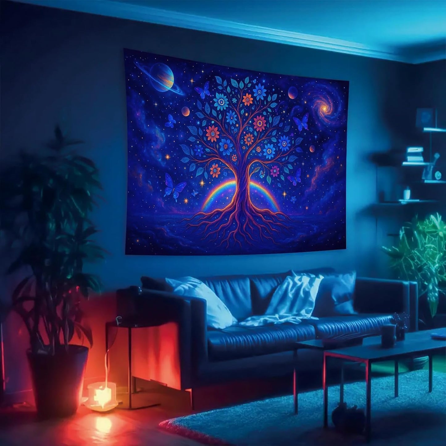 Starlit Patio Cosmic Tree Blacklight Tapestry UV Reactive Wall Hanging Rainbow Roots Flowers and Planets for Bedroom Dorm Living Room Glowing Spiritual Decor Fluorescent Trippy Poster 78 x 59 Inch