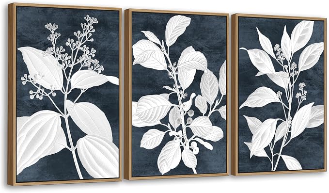 Large Botanical Wall Art for Living Room Natural Wood Float Framed Art Set of 3 White Plant Canvas Pictures Minimalist Artwork Indigo Canvas Prints for Bedroom Home Office Wall Decor 32"X48"X3