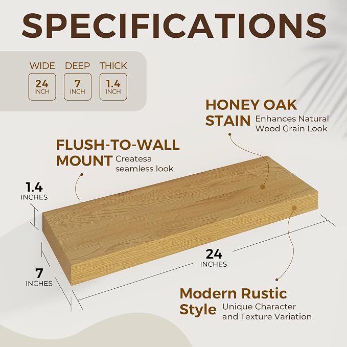 Dreamland 24Inch Floating Shelves 6.7" Deep Wall Mounted Set of 2 Oak | Wall shelves for bathroom, bedroom, kitchen, deep wall mount wood storage display for home decor 24" x 6.7"