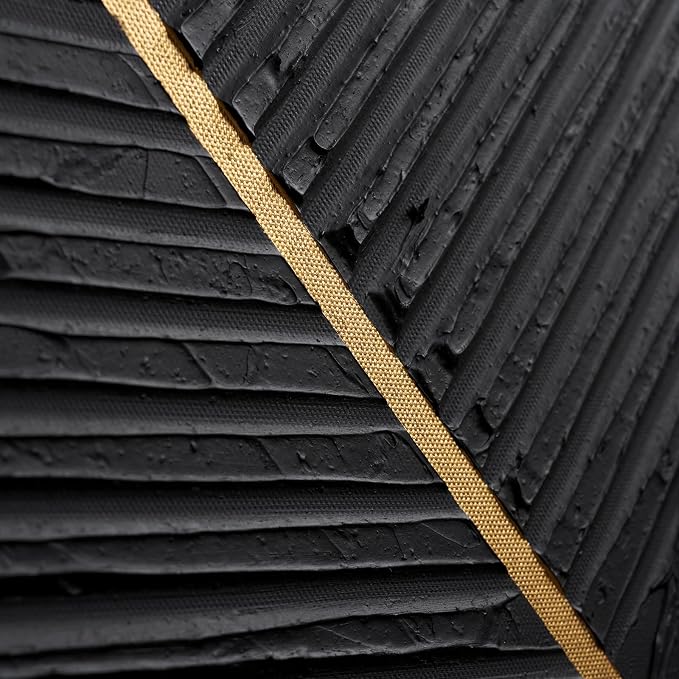 Abstract Black & Gold Canvas Wall Art,3D Line Texture Modern Oil Painting | Hand-Painted Black Vertical Artwork for Living Room Bedroom Office, 24x36 In Large Original Wall Decor, Ready to Hang