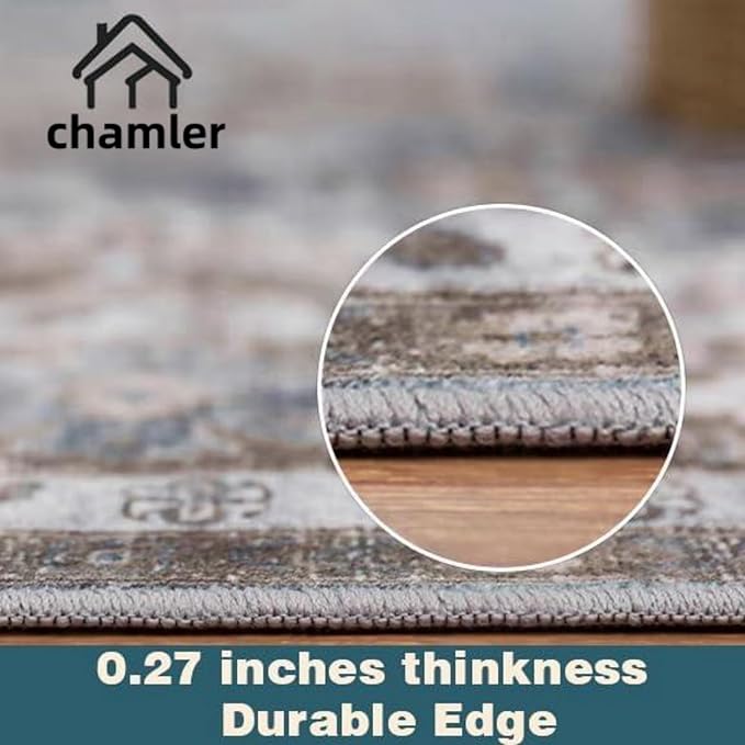 chamler 3x5 Washable Area Rug Thin Vintage Tangerine Traditional Floor Cover Foldable Indoor Distressed Non Slip Carpet Floral Print Mat Rugs for Bedroom Living Room Bathroom