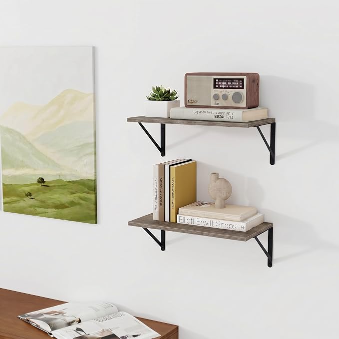 Vivelove Deep Floating Shelves for Wall, 16W x 8D Rustic Grey Wood Wall Shelves Set of 2, Large Floating Shelf for Living Room, Kitchen, Office, Bedroom and Decor Storage, with Metal Bracket - Grey