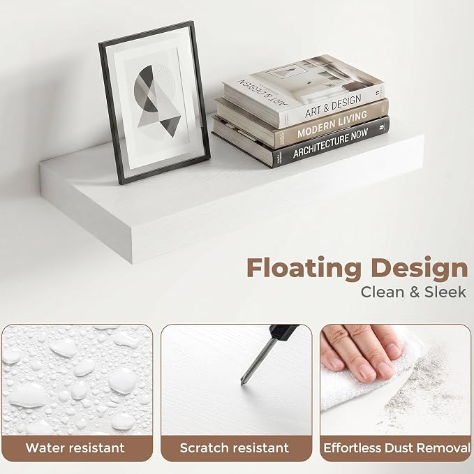 16 Inch Floating Shelves for Wall, 8"D Wood Storage Shelves, White Finish | Engineered Wood, Invisible Bracket, Large Storage, Easy Install, Hold Up to 33lbs, Living Room, Bathroom, Bedroom, Kitchen