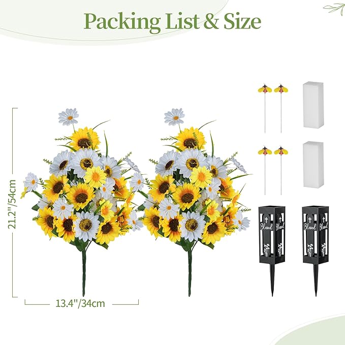 Artificial Cemetery Flowers for Grave: 2 Pcs Yellow White Sunflower Grave Flower Bouquets for Cemetery Decorations - Spring Outdoor Gravesite Flowers with Vase