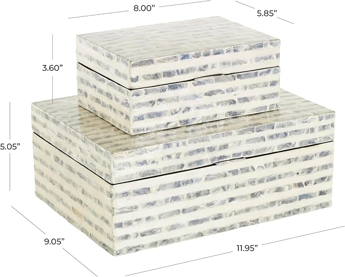 Deco 79 Mother of Pearl Shell Geometric Handmade Decorative Box Linear Mosaic Storage Decorative Keepsake Box with Cream Underlay, Set of 2 Storage Box 12", 8"W, Cream