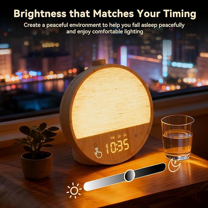 Vivilumens Sunrise Alarm Clock with Sound Machine, Gentle Wake-Up Light, Dual Alarms for Heavy Sleepers Adults, Dimmable RGB Mood Light Digital Alarm Clocks for Bedrooms, Wood Grain