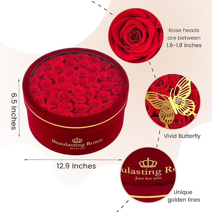 Beaulasting 47-Piece Forever Flowers Roses in a Box Preserved Roses for Her Mother's Day Birthday Flowers for Her Mom Women Wife Valentine's Day (Red)