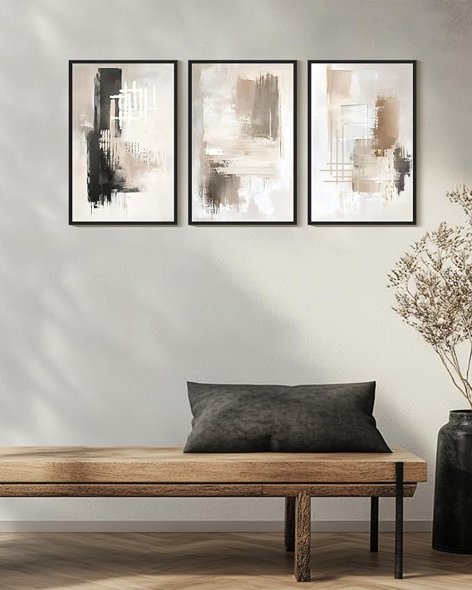 PHOPAGO Abstract Framed Wall Art Large 16x24in Mid Century Modern Minimalist Beige Pastel Watercolor Neutral Wall Decor for Living Room Bedroom - Black Framed