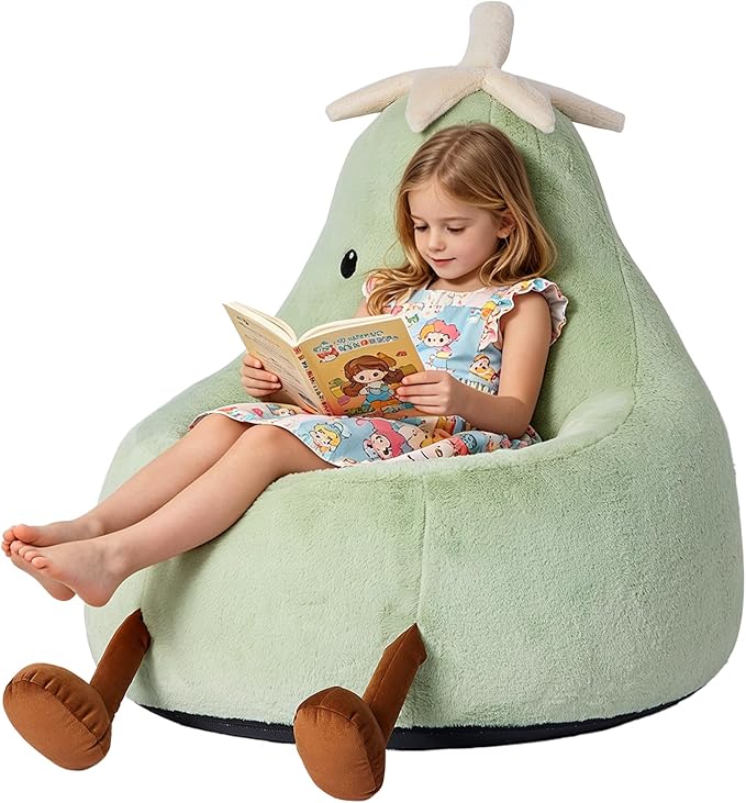 24 Inches Memory Foam Bean Bag Chair - Ultra Soft Faux Rabbit Fur Round Sofa with Handle & Machine Washable Cover, Comfy Lazy Chair for Kids Teens, Perfect for Reading Gaming in Living Room，Green