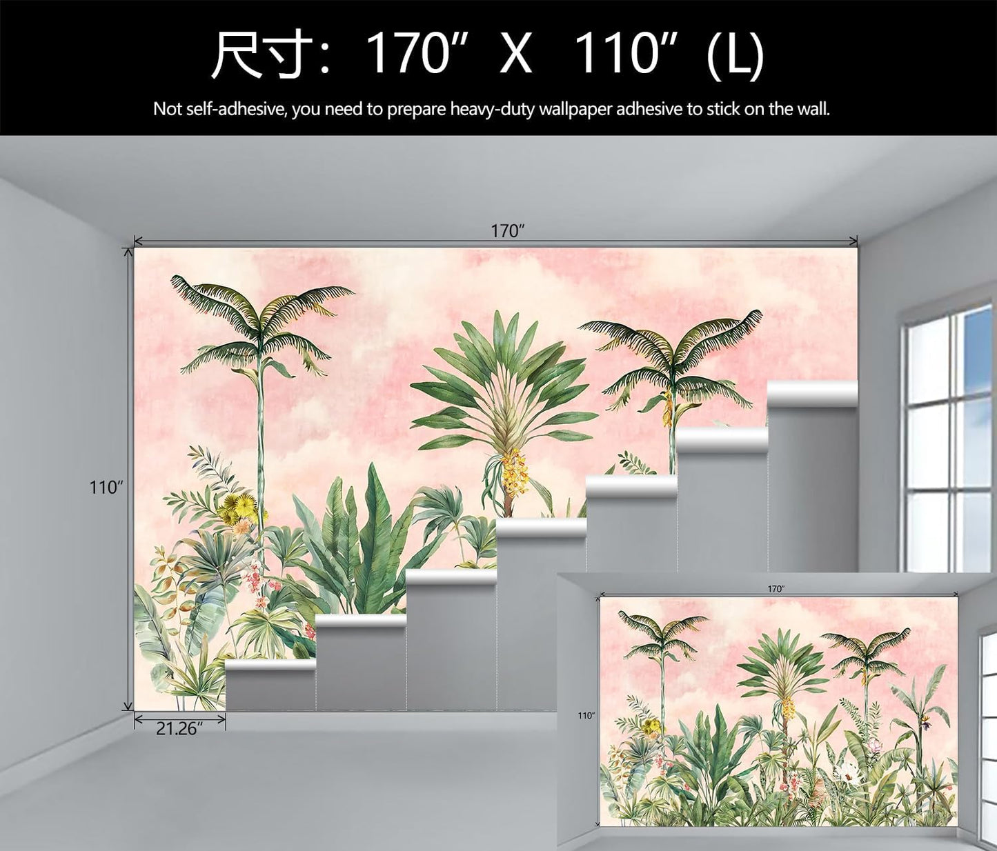 Watercolor Pink Tropical Botanical Leaf Wallpaper Mural for Nursery Girls Bedroom (Not Peel and Stick)
