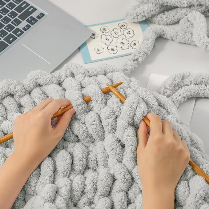 bearberry Chunky Knit Throw Blanket 60x80 Inches Handmade, Soft Jumbo Chenille Yarn with Cable Rope Knot Design | Thick Cozy Large Blanket for Couch, Sofa, Bed & Living Room Home Decor | Light Grey