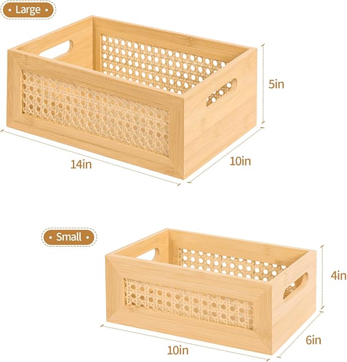 Wooden Storage Basket Set of 2 Handmade Rattan Drawer Storage Box with Frame & Handles Decorative Natural Bamboo Woven Bins Rustic Farmhouse Decor Home Office Tabletop Shelf Organizer, NAtural