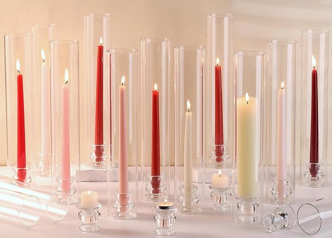 Volens Hurricane Glass Candle Holders Bulk- Set of 36 Candlestick Holders for Taper Candles with Windproof Cylinder Covers 14" Tall Clear Glass Chimney Cover for Wedding Table Centerpiece