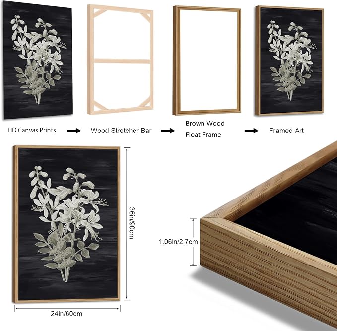 Large Botanical Wall Art for Living Room Natural Wood Float Framed Art Set of 3 White Flowers Pictures Artwork Green Leaf Canvas Prints for Bedroom Kitchen Home Office Wall Decor 24"X36"X3