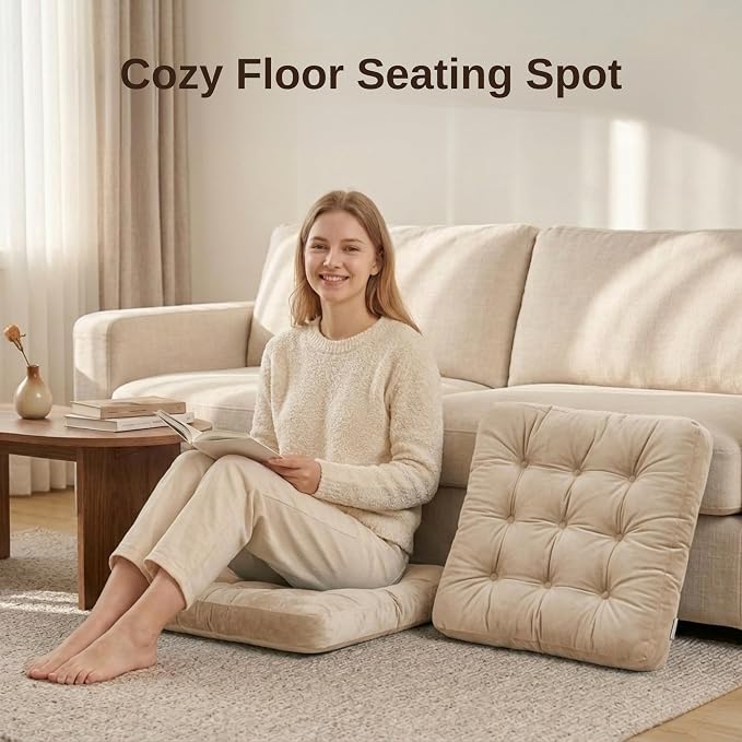 Floor Pillow for Adults, Soft Velvet Floor Cushion for Sitting, Single Square Tufted Floor Pillow for Reading Nook, Living Room, Bedroom, 22 x 22 Inch, Beige
