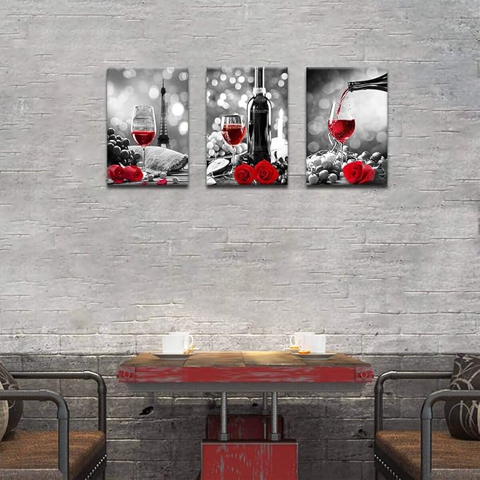 Wine Decor Kitchen Canvas Art Red Wine Rose Artwork for Home Walls Black and White With Red Wine Painting Printed Rose Art Dining Room Decor Red Kitchen Pictures Wall Decor Stretched 16x24inchx3